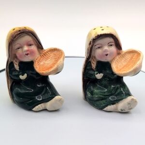 Charming Ceramic Figurines With Threshing Basket Green and Orange Accents